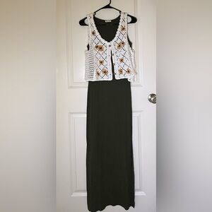 Forever 21 Olive Maxi Dress with White Crochet Vest